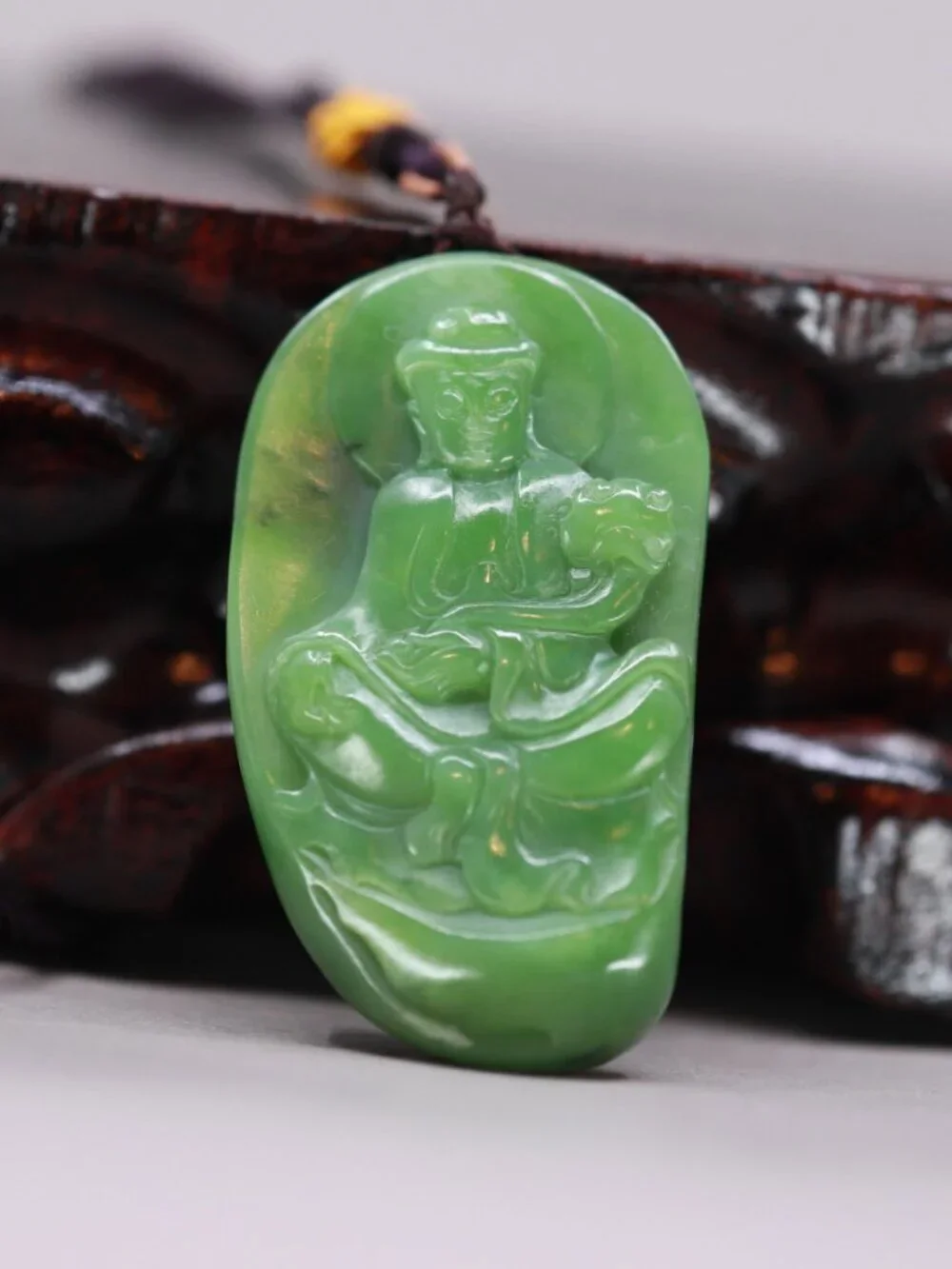 Chinese Green Hetian Jade Pendant w Guanyin & Ruyi